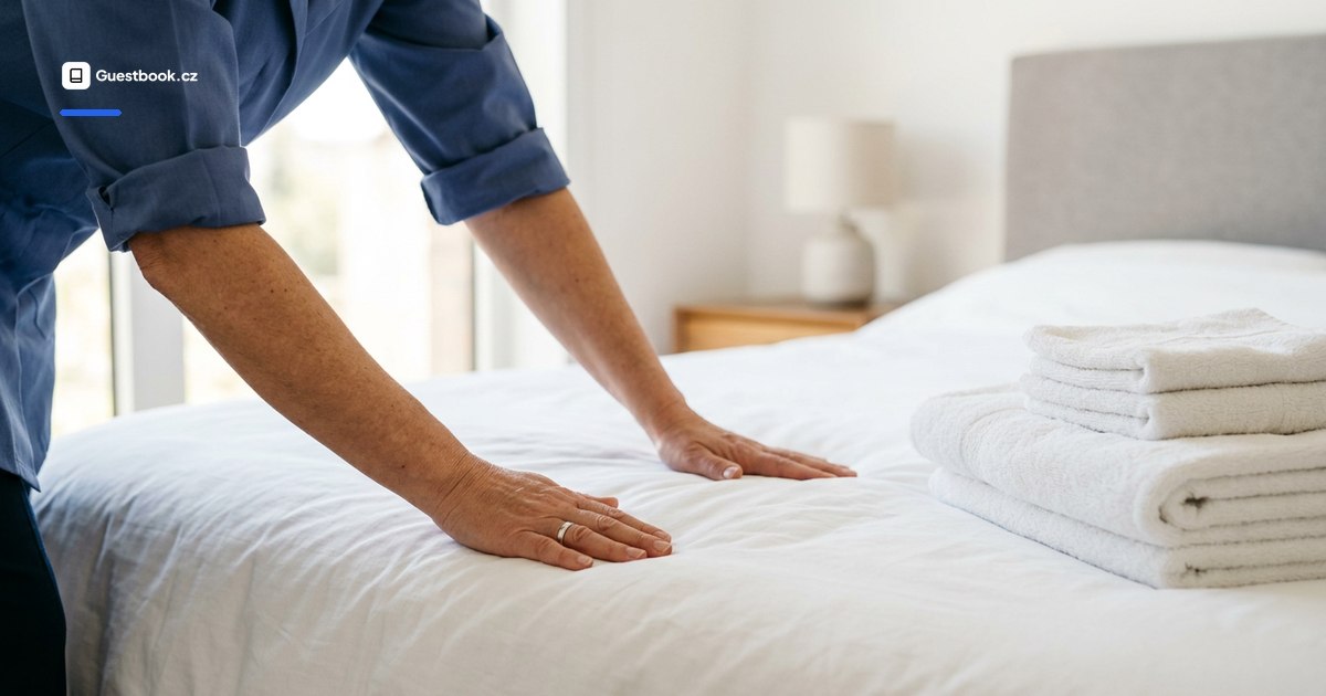 Bàn tay người dọn phòng mặc tạp dề sạch đang vuốt phẳng ga trắng trên giường vừa dọn, bên cạnh là khăn trắng gấp sẵn.