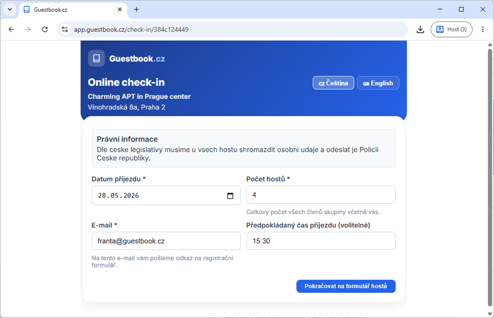Guest check-in start page